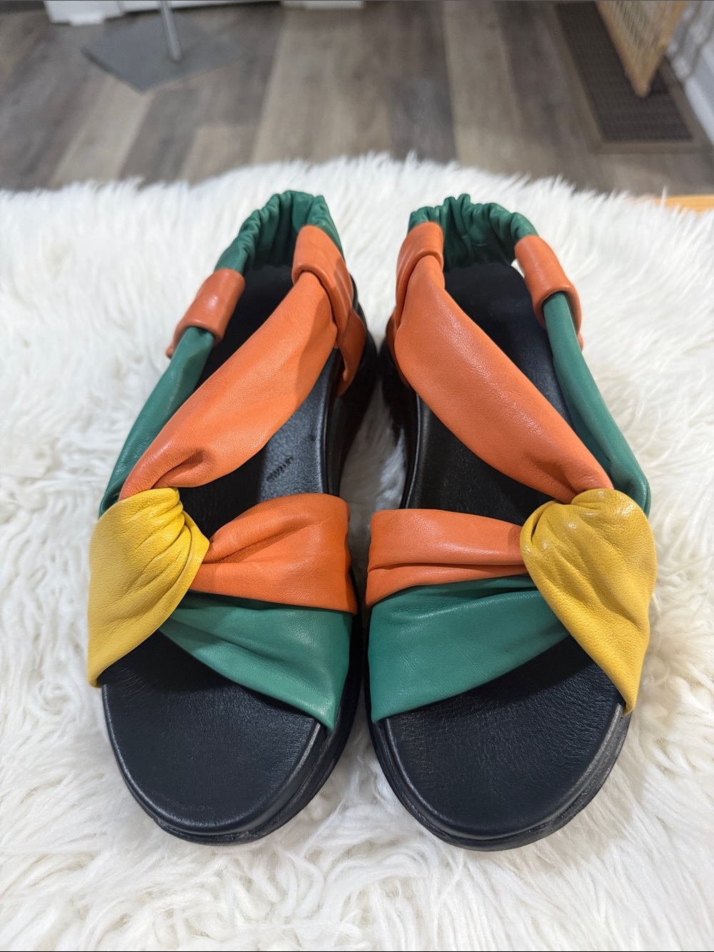 Girotti Tri-Color Knotted Slingback Sandals — Green, Orange & Yellow Size 8